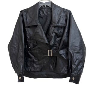 D&M Womens Black Faux Leather Moto Jacket Belted Size Medium Biker Coat NWOT